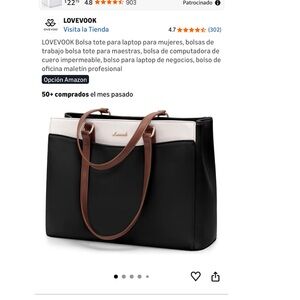 LOVEVOOK Black and White Tote with Brown Handles - Structured Laptop Bag